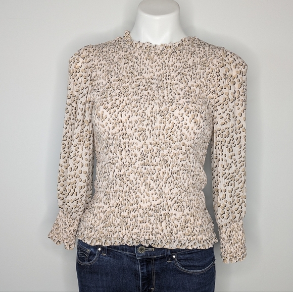 Express cream tan cheetah leopard animal print smocked long sleeve blouse S - Picture 1 of 8